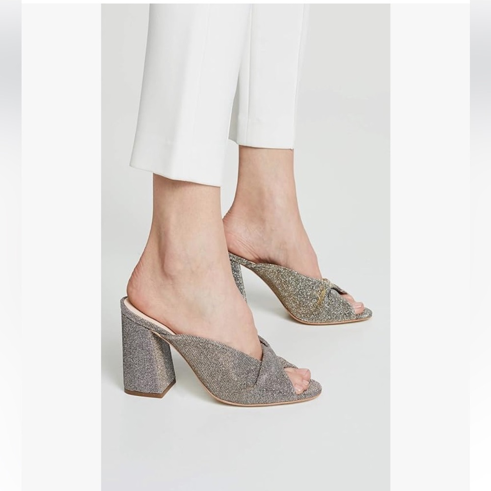 Loeffler Randall Glitter Knotted Block Heel Mules in Silver